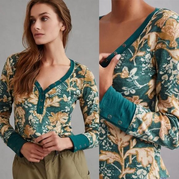 Anthropologie Pilcro Sz L Tee Ling Sleeves Waffle Henley Top NWT - Picture 4 of 17